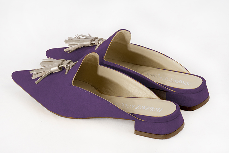 Amethyst purple and gold women's loafer mules. Pointed toe. Flat flare heels. Rear view - Florence KOOIJMAN